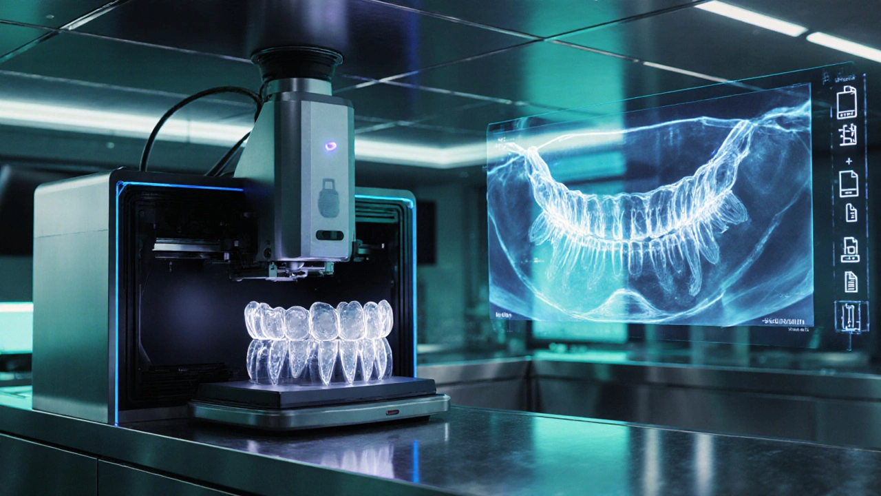 3D tiskárna vyrábí novou dentální protézu v high‑tech laboratoři.