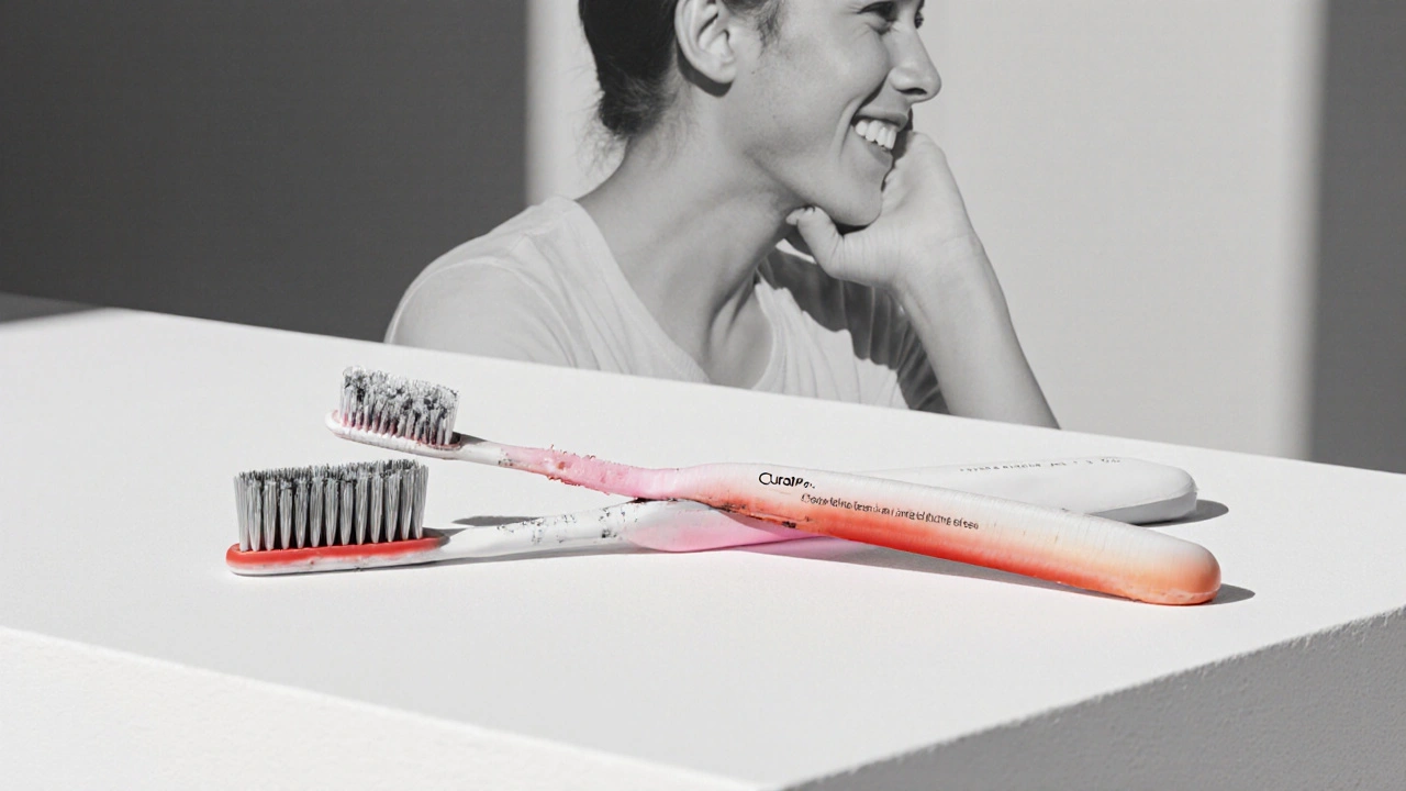 Curaprox toothbrush next to worn-out traditional brush, symbolizing superior gum protection.