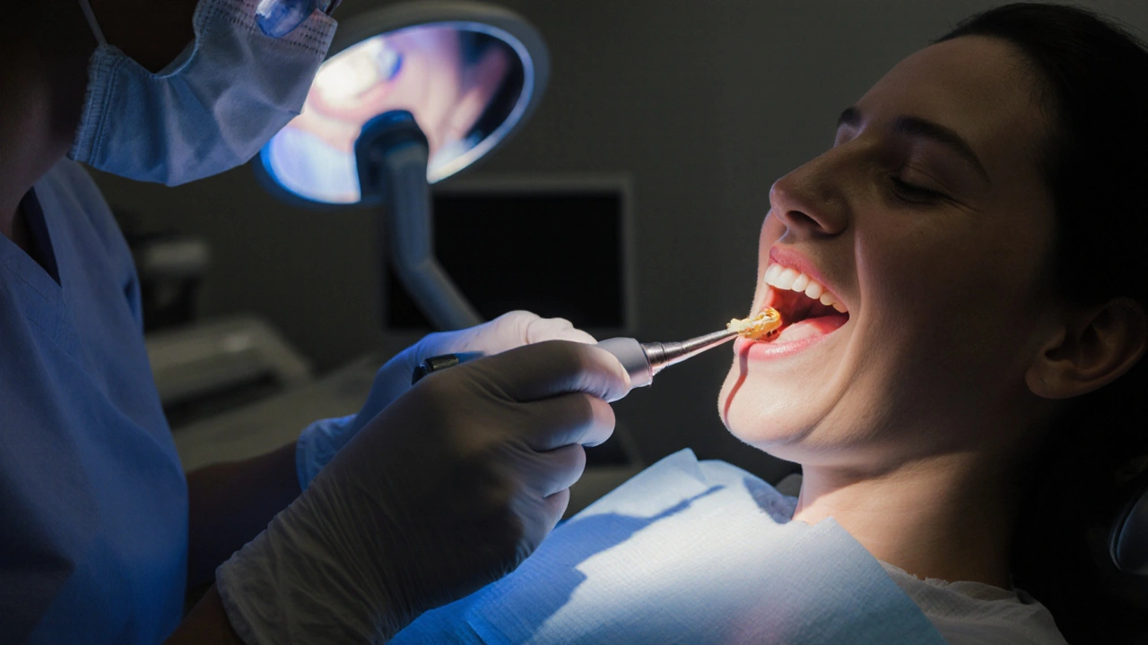 Dentální hygienistka provádí ultrazvukové čištění zubního kamene u pacienta, osvětlená měkkým studiovým světlem.