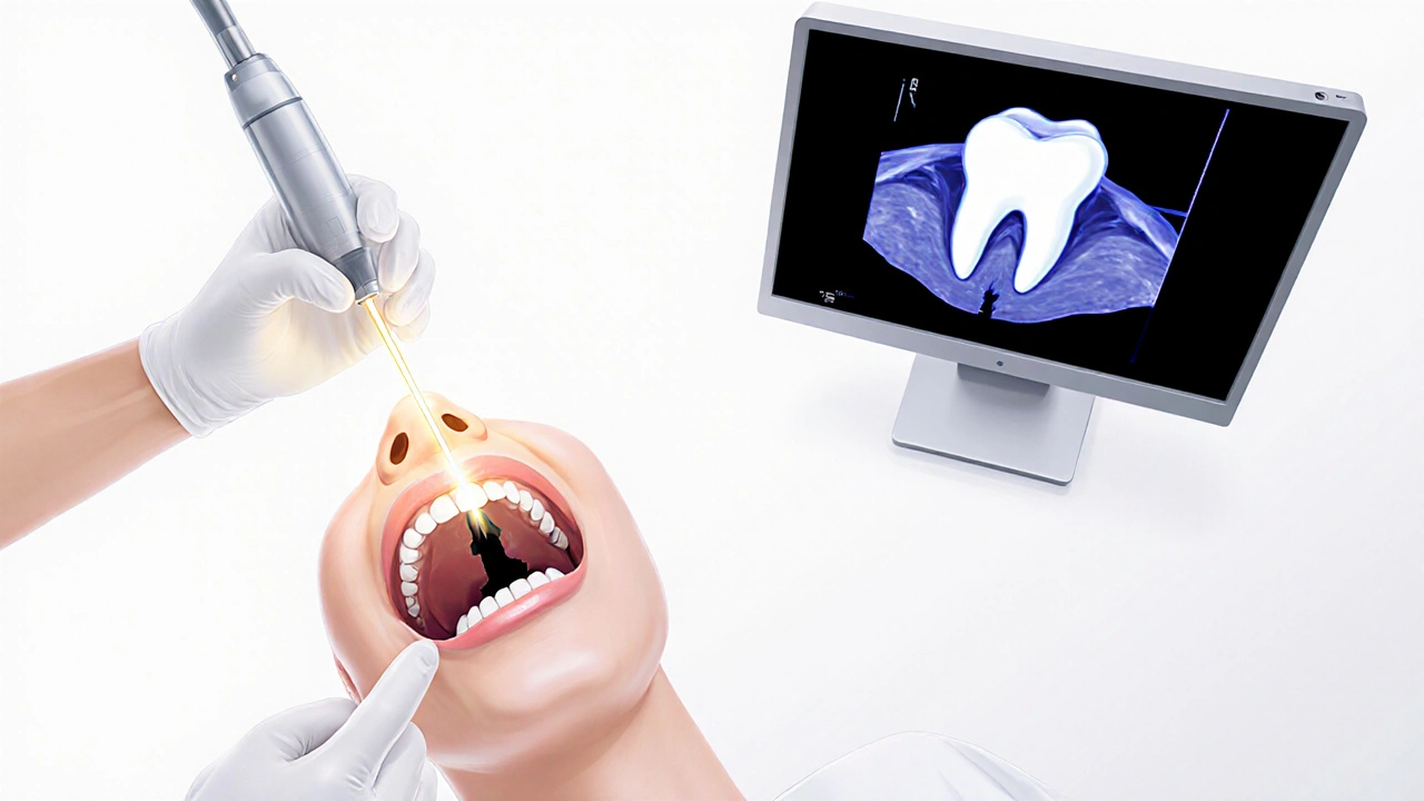 Dentista používá transilluminaci, světlo odhaluje prasklinu v zubu, vedle 3D snímek.