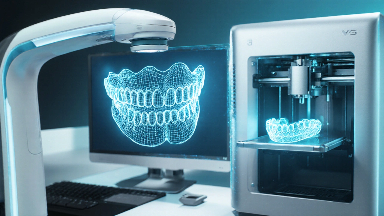 Digitální skener zachycuje zuby, počítačový model a 3D tiskárna vytiskne průhledný aligner.