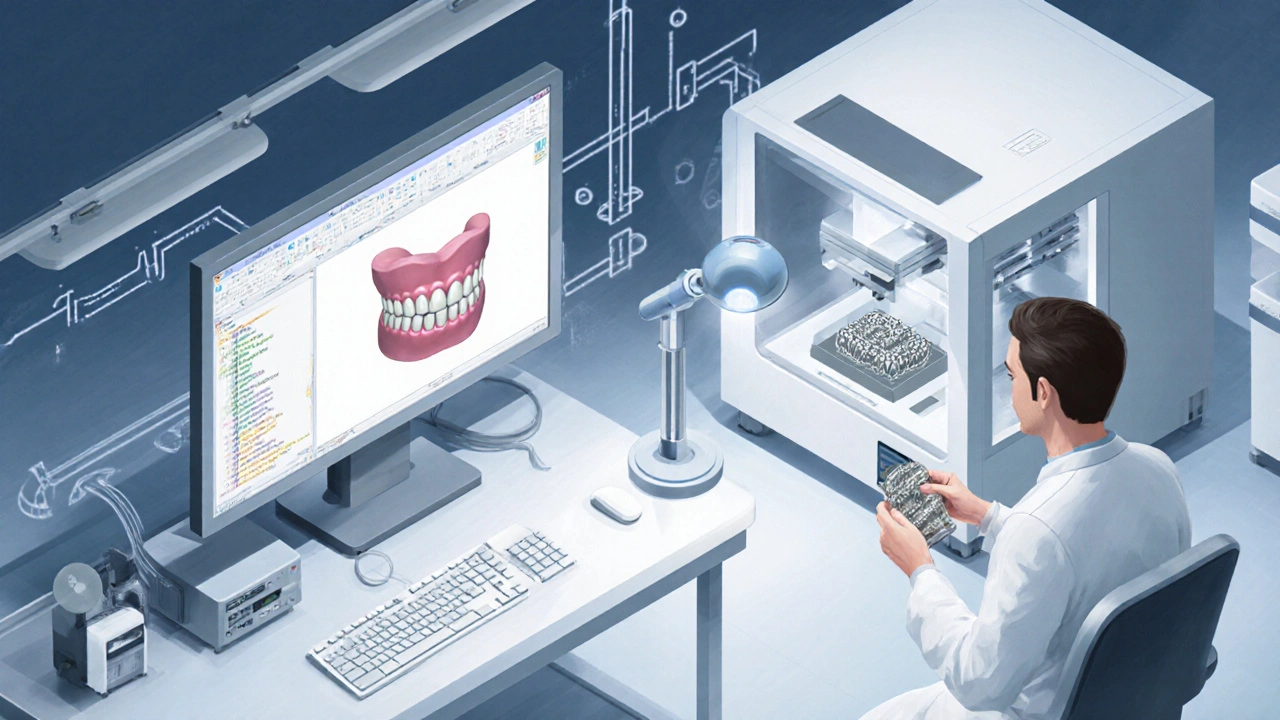 Laboratoř s CAD/CAM počítačem a 3D tiskárnou vyrábějící dentální součástky.