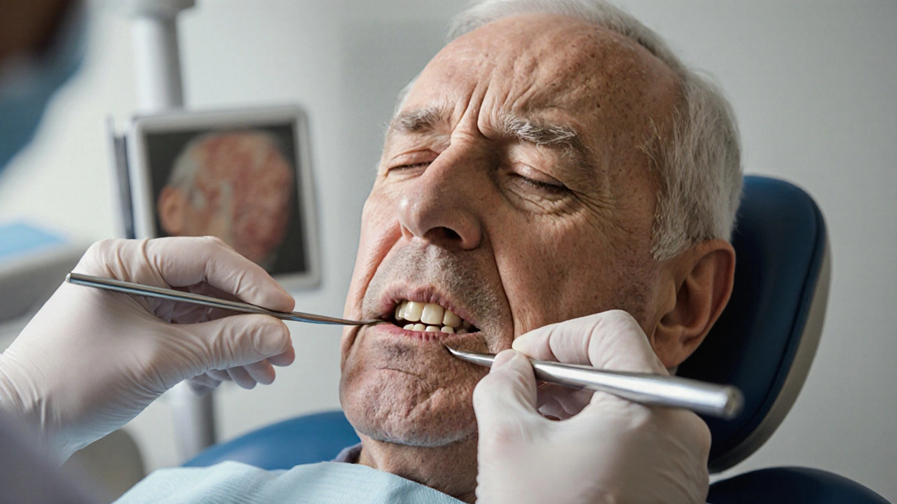 Muž v zubní klinice s výrazem lítosti během vyšetření