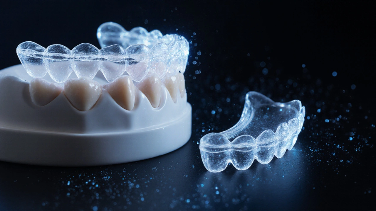 Neviditelná rovnátka na zubním modelu s představou odstranění bakterií.