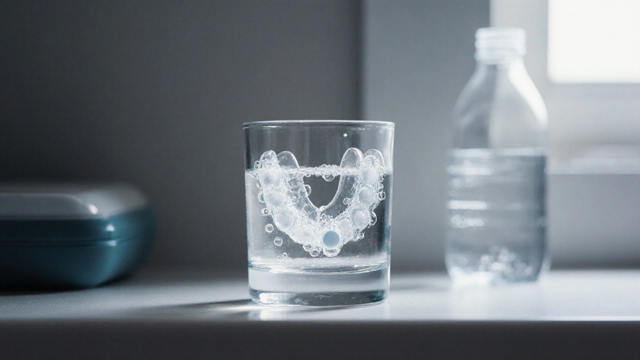 Neviditelná rovnátka ponořená v roztoku čisticích tablet v sklenici.