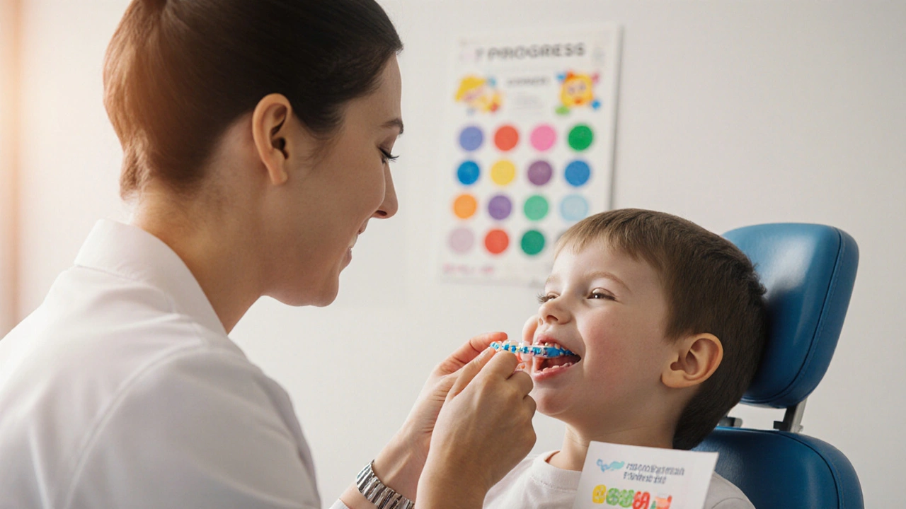 Ortodont nasazuje dítěti přístroj na zabraňování tlačení jazykem v klinice.