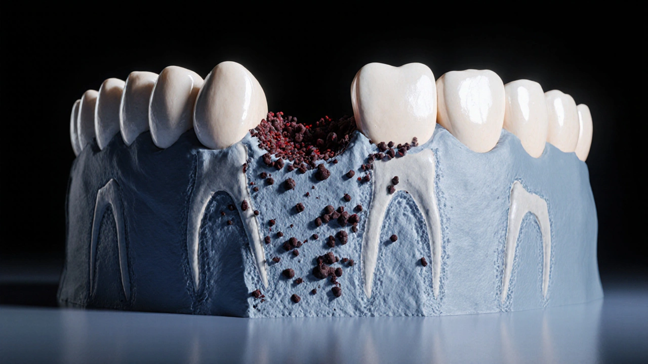 Průřez čelistí ukazující postupnou ztrátu kosti pod dásněmi