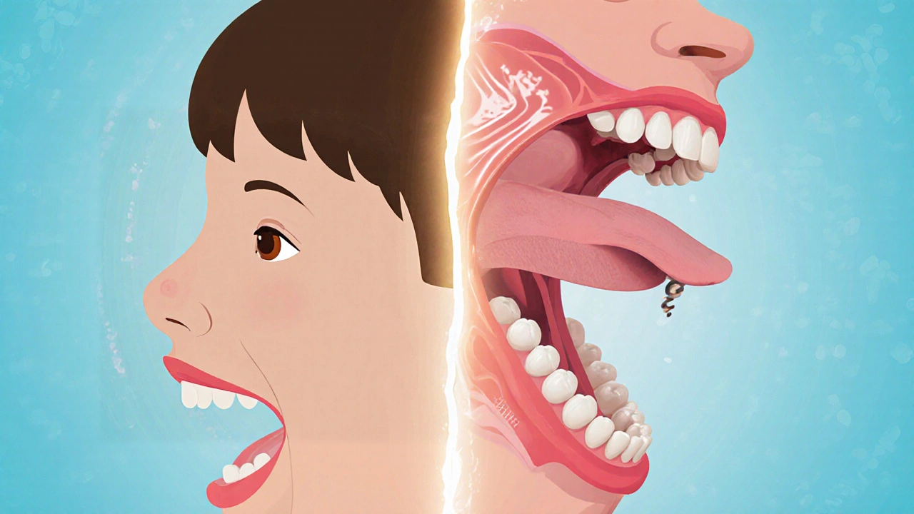 Srovnání špatného a správného polohování jazyka při používání ústního zařízení.