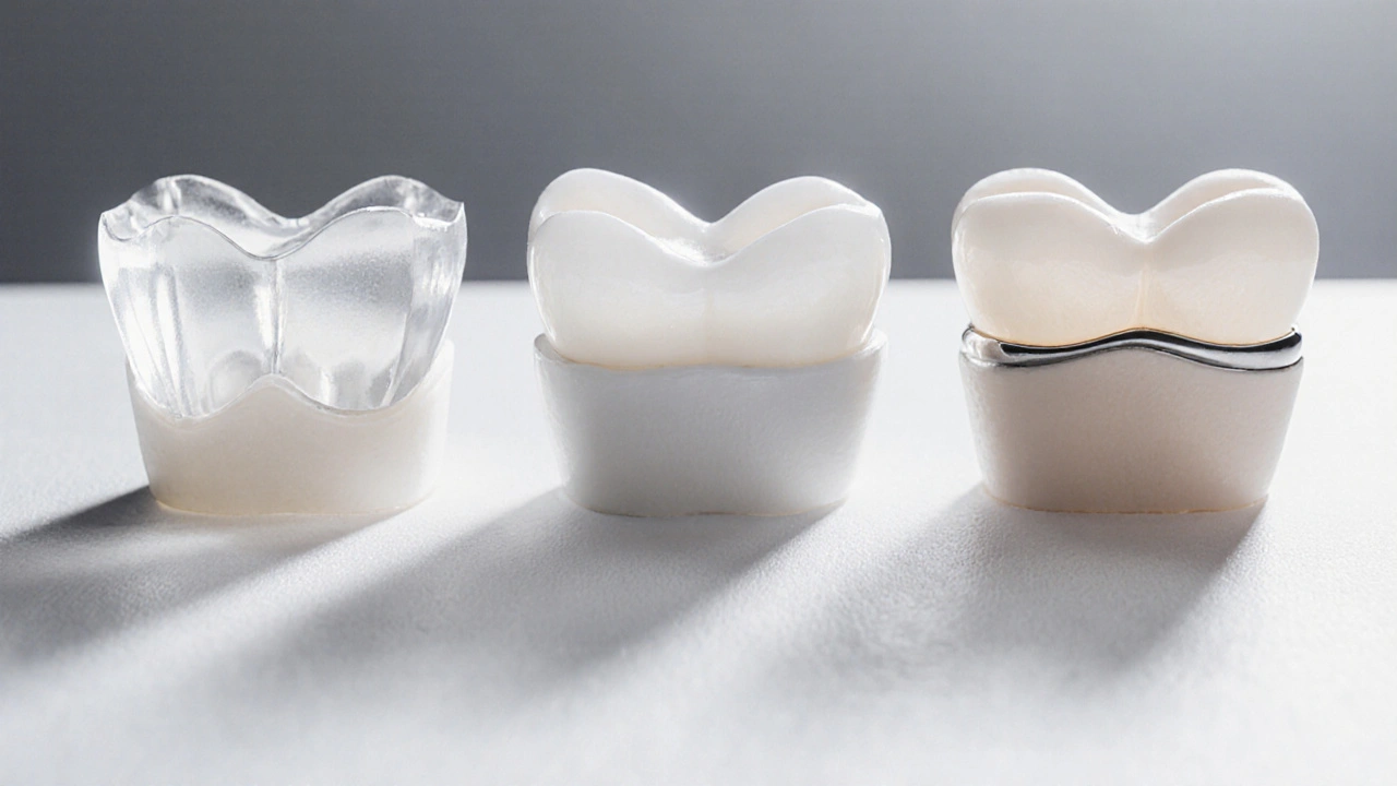 Tři typy zubních korun – zirkonová, porcelánová a kovová – vedle sebe na bílém podkladu.