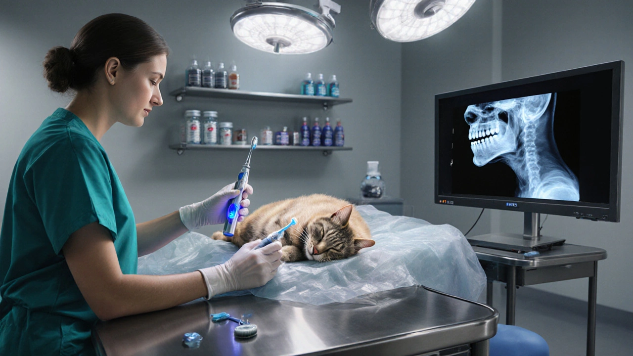 Veterinář pod ultrazvukovým skalpelem čistí zuby kočky na klinickém stole.