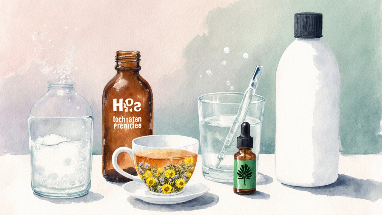 Vodová kresba domácích roztoků: sůl, peroxid, heřmánek, tea tree oil a chlorhexidin.