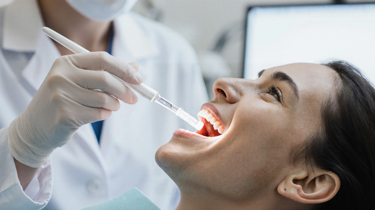 Zubař aplikuje fluoridový gel na zub v moderní klinice.