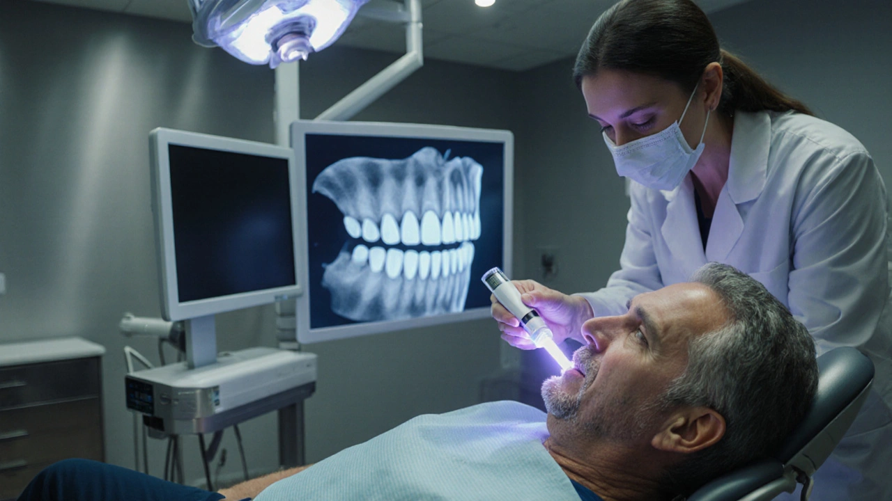 Zubní lékař v moderní klinice ošetřuje zub laserem a aplikuje fluoridový gel.