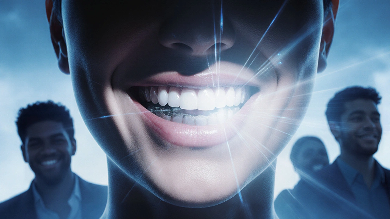 A face transforming from metal teeth to ceramic ones, with light radiating from the smile.