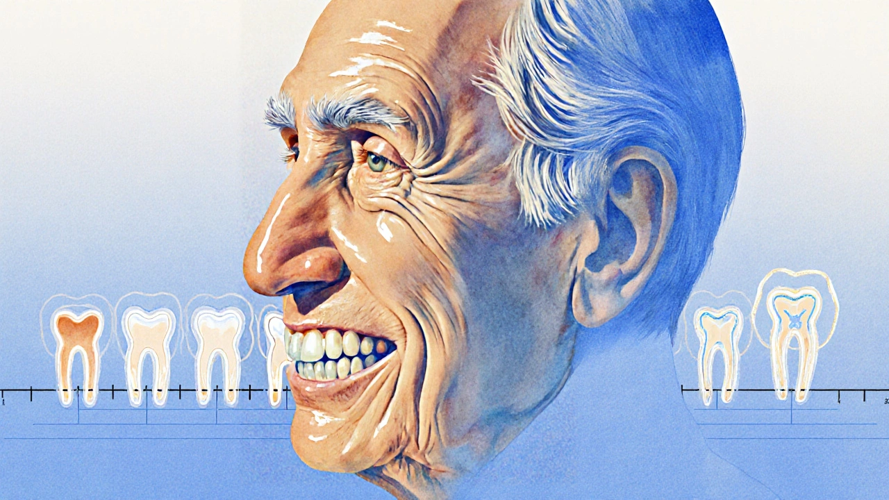 Boční pohled na staršího muže s viditelnou recesí dásní a posunutými zuby.