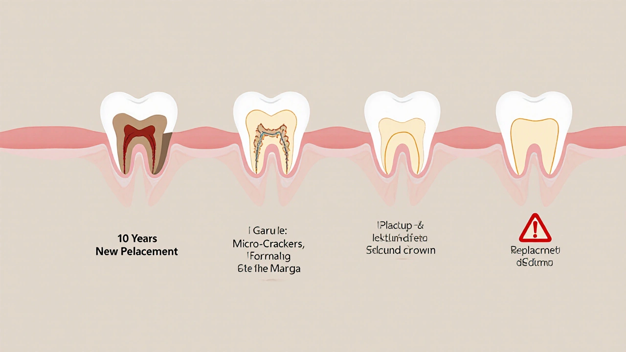 Časová osa životnosti keramické korunky s příznaky opotřebení a výměny.
