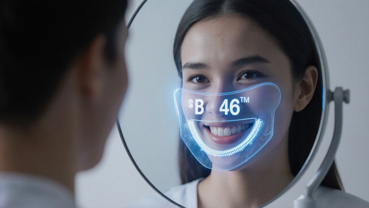 Člověk se dívá do zrcadla, kde jeho zuby mají přehledné označení podle FDI systému.