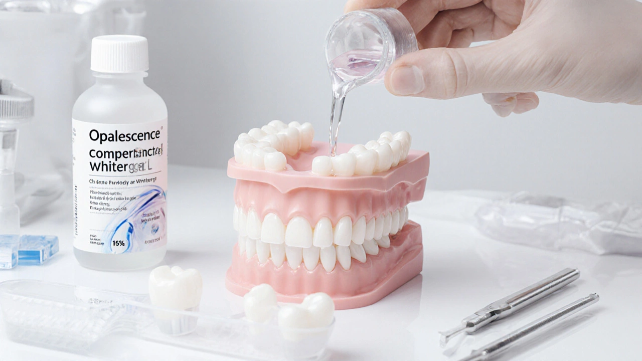 Dentální odtisk s bělícím gelem v laboratorním prostředí.