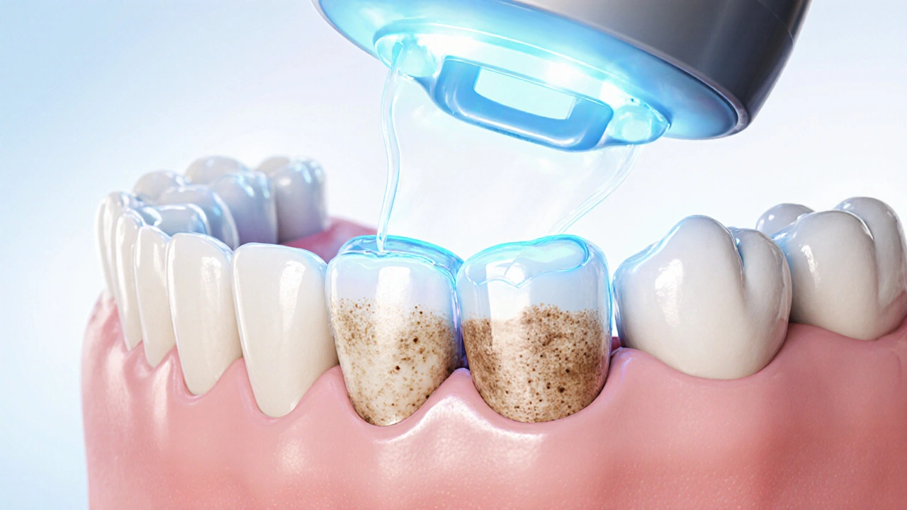 Detail zubů s bělícím gelem pronikajícím do skloviny a rozkládajícím pigmenty.