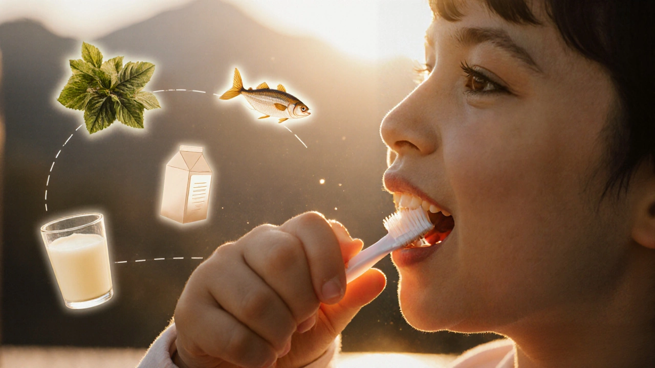 Dítě čistí zuby, kolem něj symboly přirozených zdrojů fluoridu