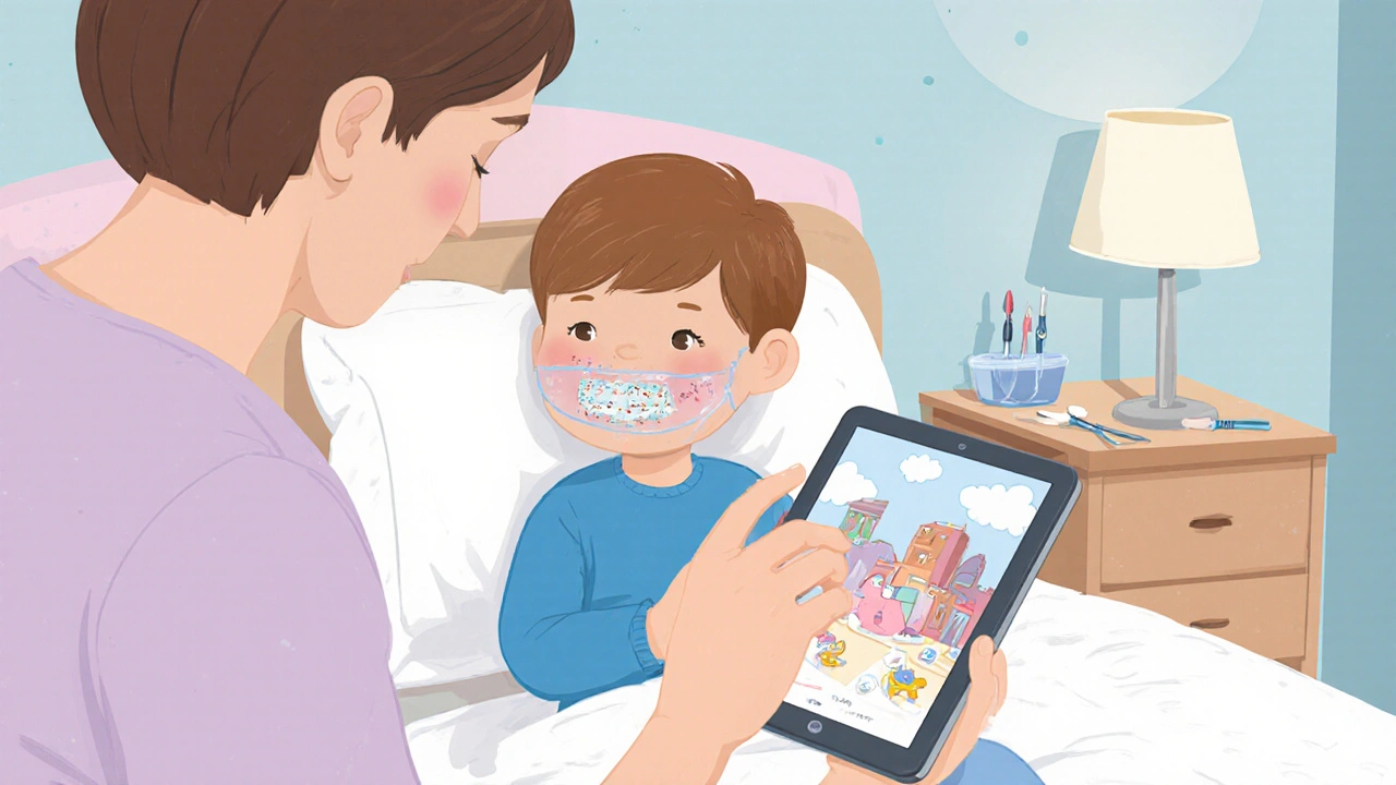 Dítě s retentorem a zachovávacím držákem v posteli, rodič kontroluje zařízení.