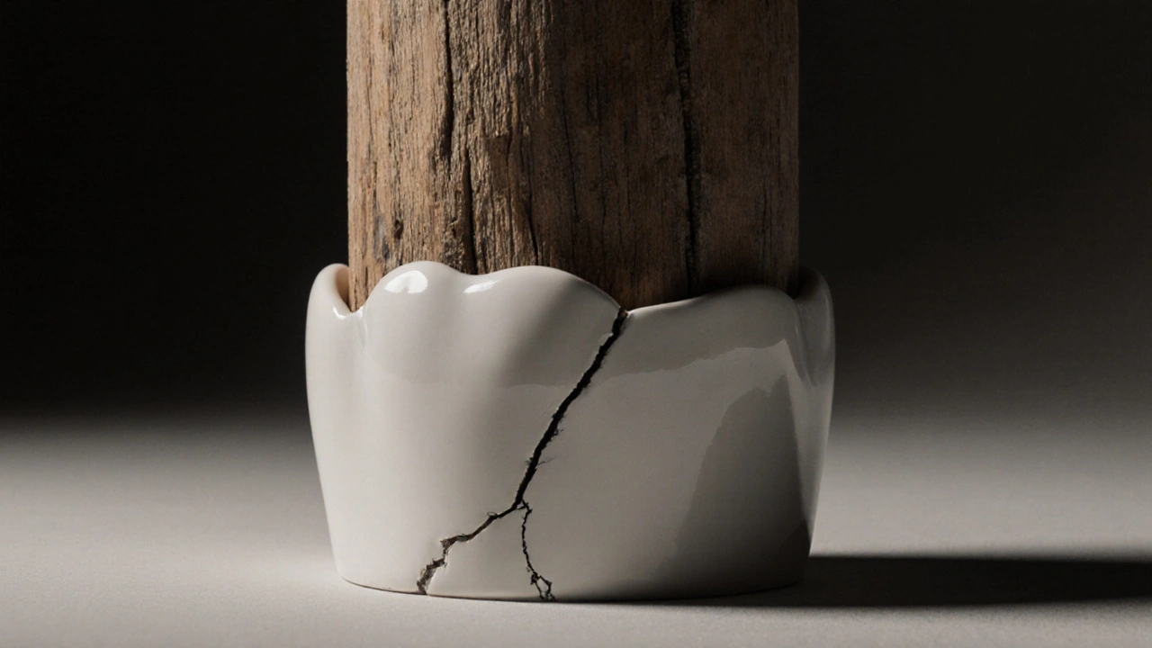 Dřevěný sloup obalený bílou keramikou jako metafora ochrany poškozeného zubu.