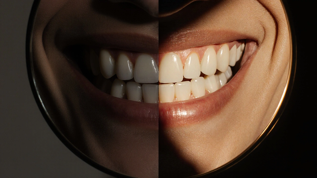 Dvoučástní obraz: jedna strana nerovné bělení, druhá strana dokonalé bělení s pomocí dentálního zrcátka.