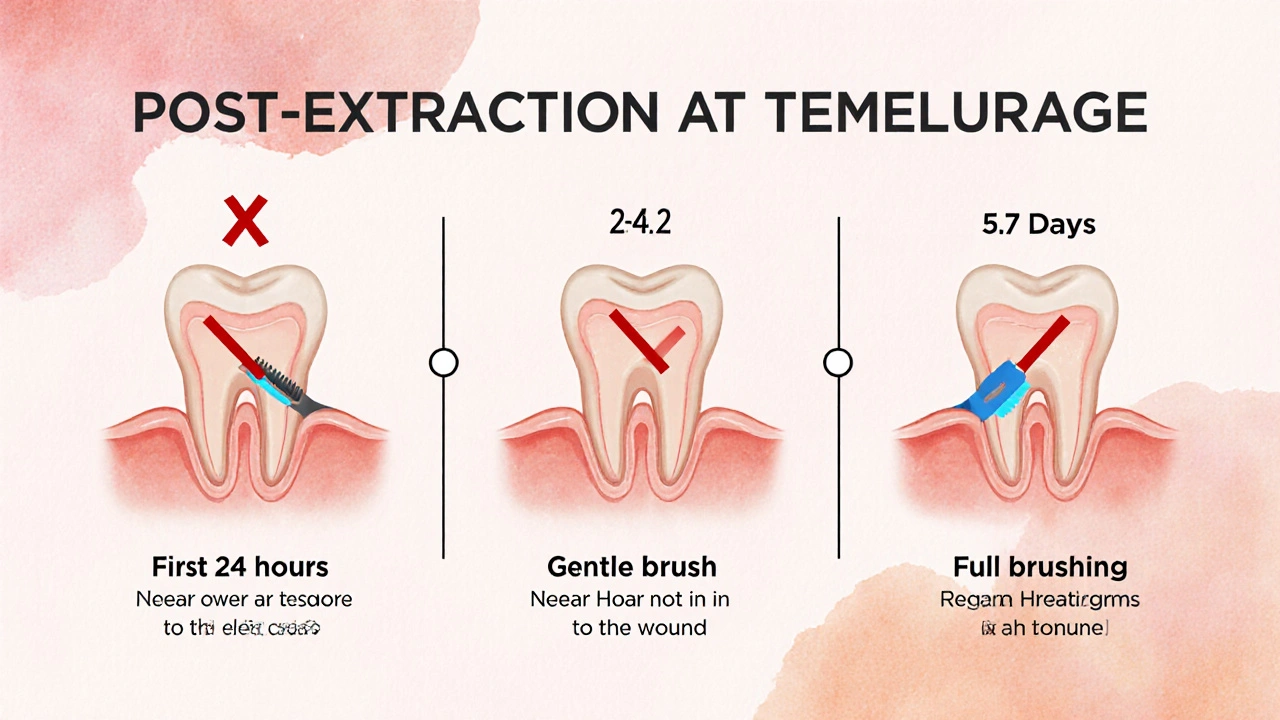 Ilustrace tří fází péče o ústa po vytažení zubu v časové ose.