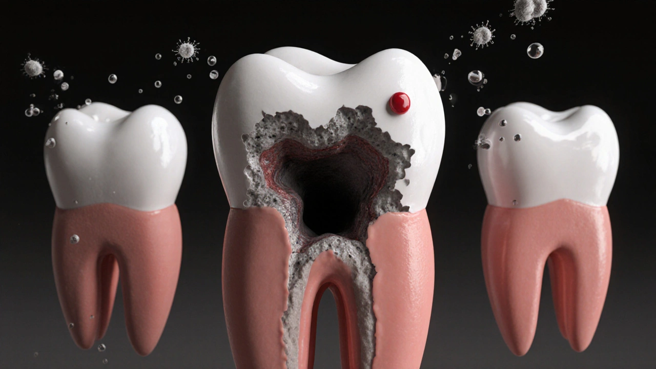 Kaz se rozšiřuje od povrchu zubu do dentinu ve třech fázích.
