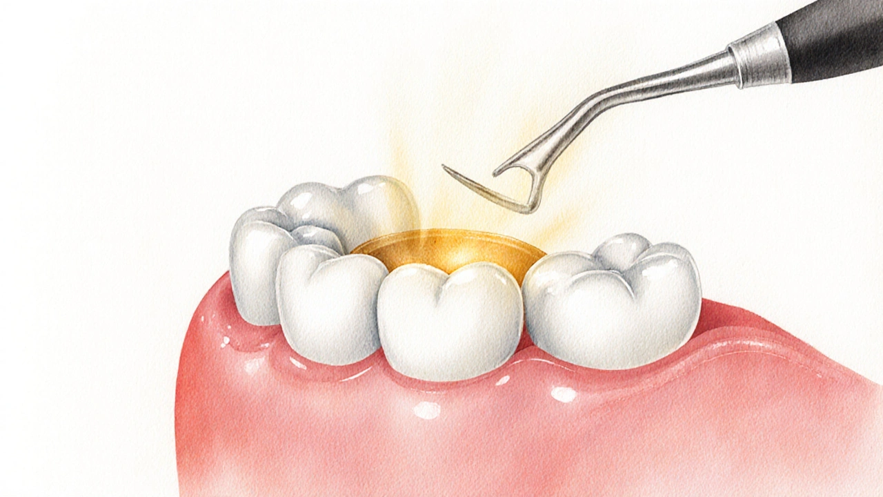 Keramická korunka obklopující zub, přirozeně se slévající s okolními zuby.