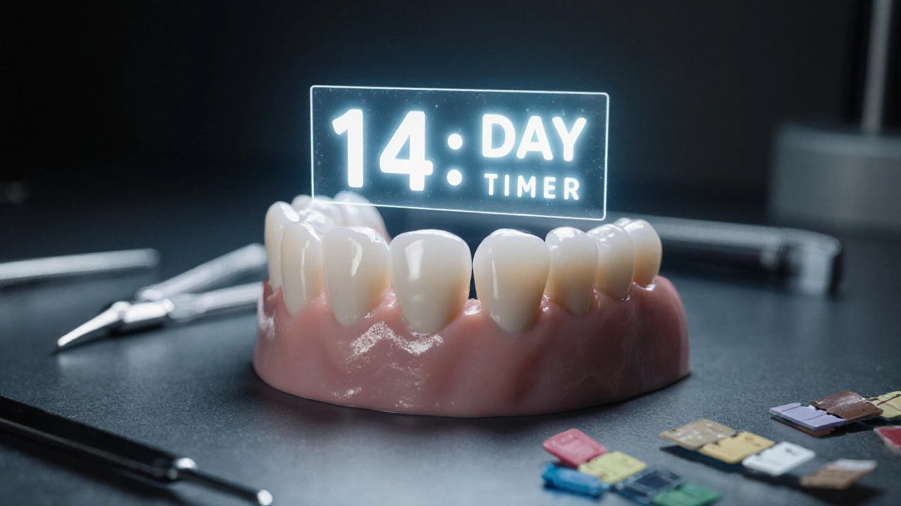 Korunka vedle přirozených zubů s čítačem 14 dní, symbolizující čekání na stabilizaci barvy.