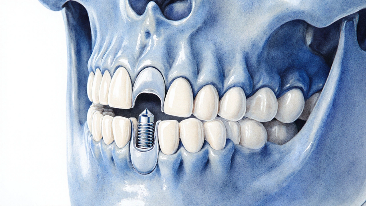 Kostní struktura s implantátem a keramickou korunkou, znázorňující integraci do čelisti.