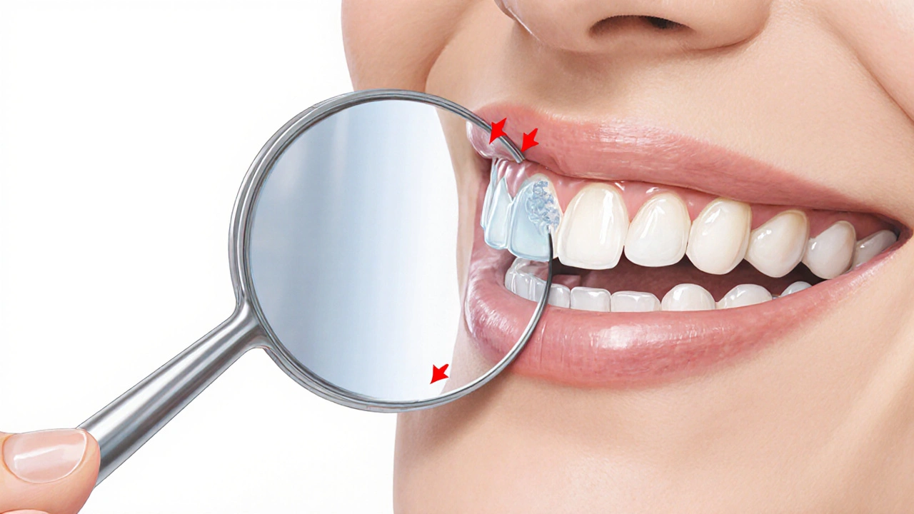 Křížový řez ústní dutiny ukazující, jak dentální zrcátko odrazí světlo na zuby při bělení.