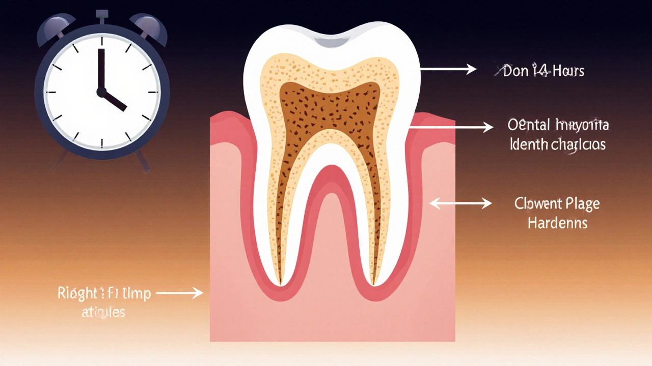 Křížový řez zubu ukazující přechod z plaku na zubní kámen s časovým průběhem