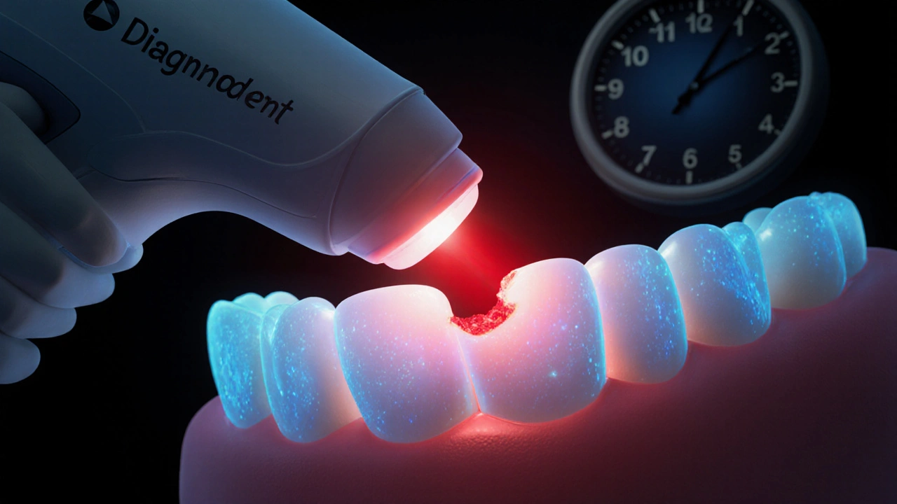 Laserový detektor označuje skrytý kaz zářící červenou barvou.