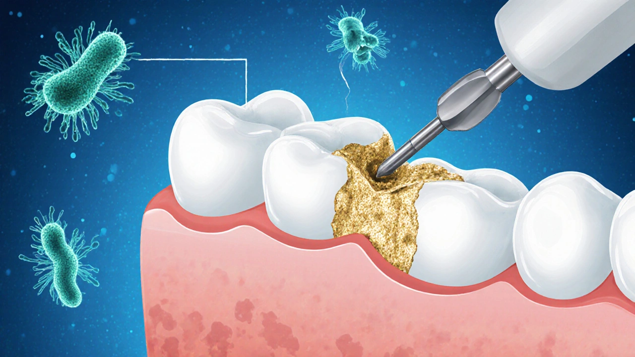 Mikroskopický pohled na bakterie ničící zubní sklovinu a fluorid ji obnovující.