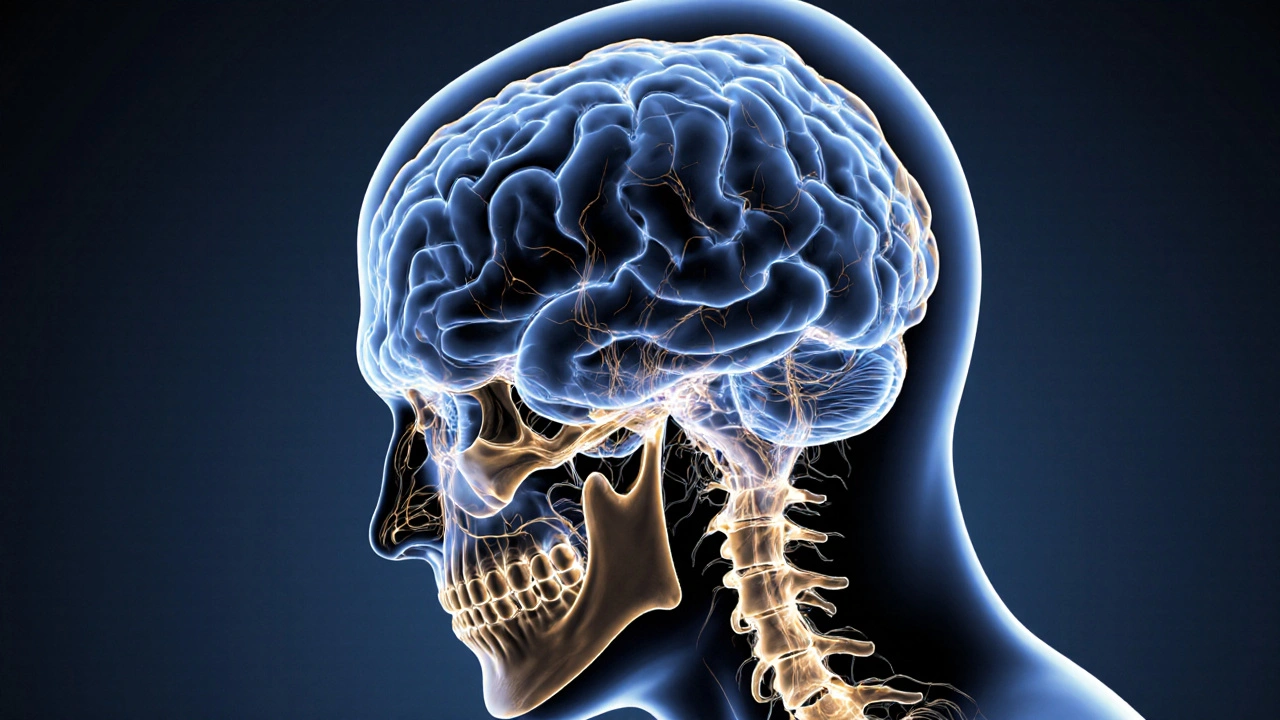 Mozek s osvětlenými nervovými cestami spojený s vyrovnanou čelistí, symbolizující zvýšenou koncentraci.