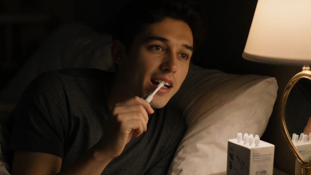 Osoba čistí mezery mezi zuby večer před spaním v klidném prostředí.