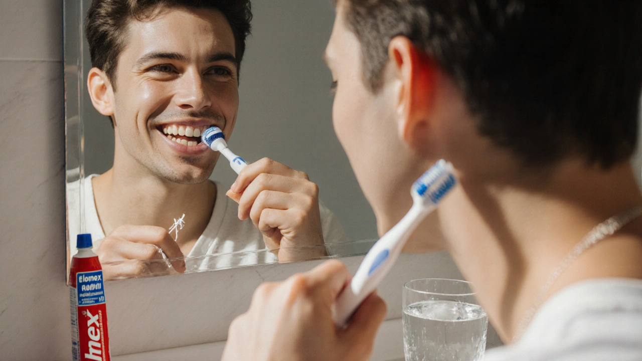Osoba čistí zuby a pozoruje bílou skvrnu ve zrcadle.