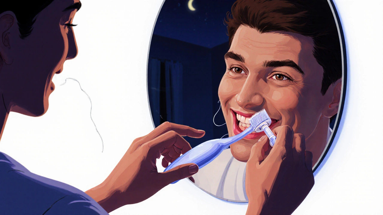 Osoba čistí zuby večer, používá zubní nit a zrcadlo odhaluje plak, který se odstraňuje.