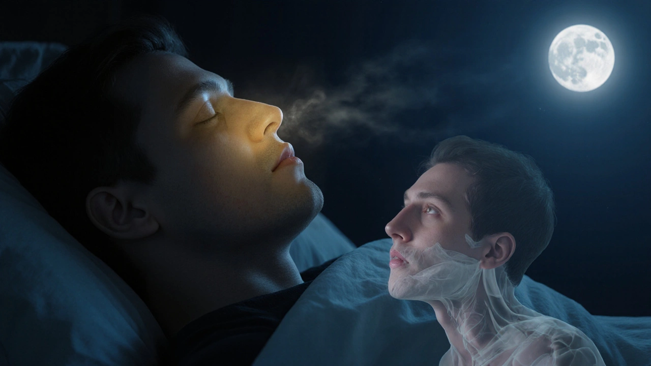 Osoba klidně spí s přirozeným dýcháním nosem, zatímco její čelist je správně zarovnaná.