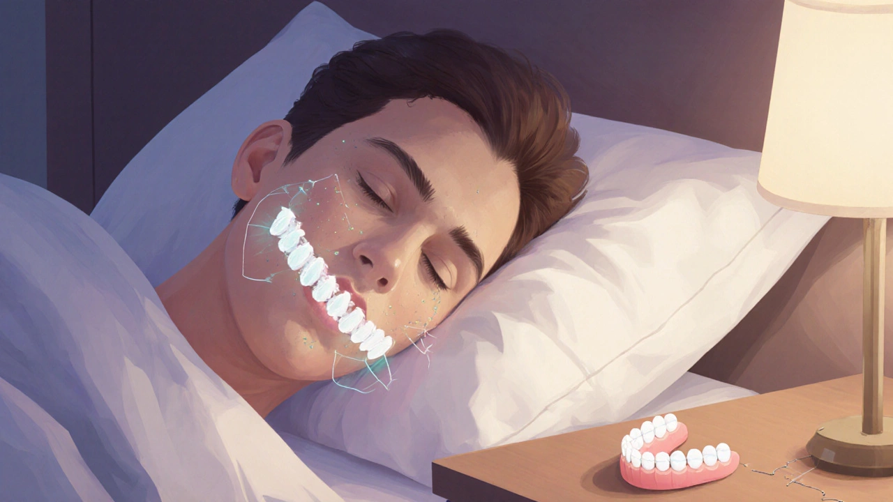 Pacient nosí noční štít, zatímco korunka na zubu přijímá tlak během spánku.