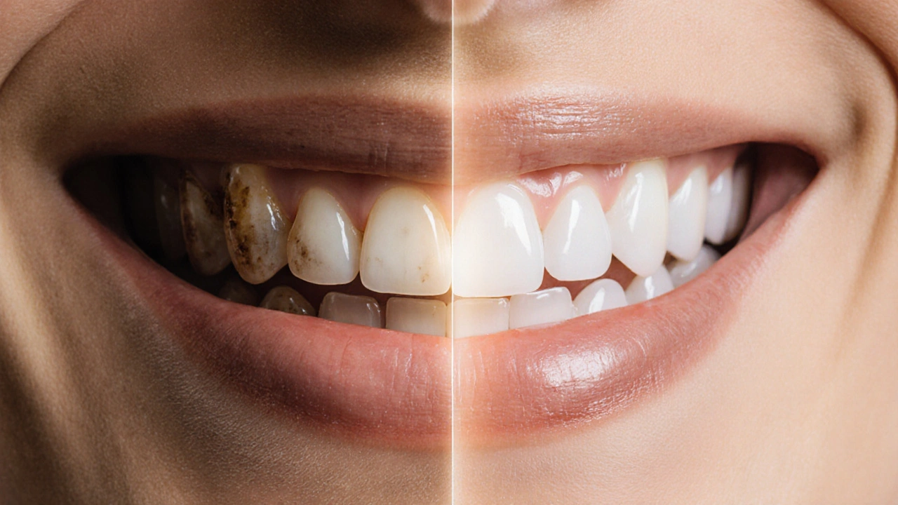 Porovnání tmavých a zjasněných zubů po profesionálním bělení.