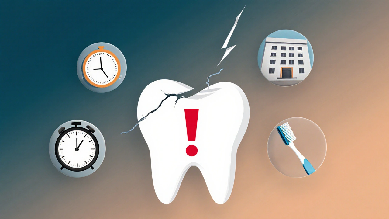 Poškozený přední zub přeměněný na varovný symbol s časem a nemocnicí.