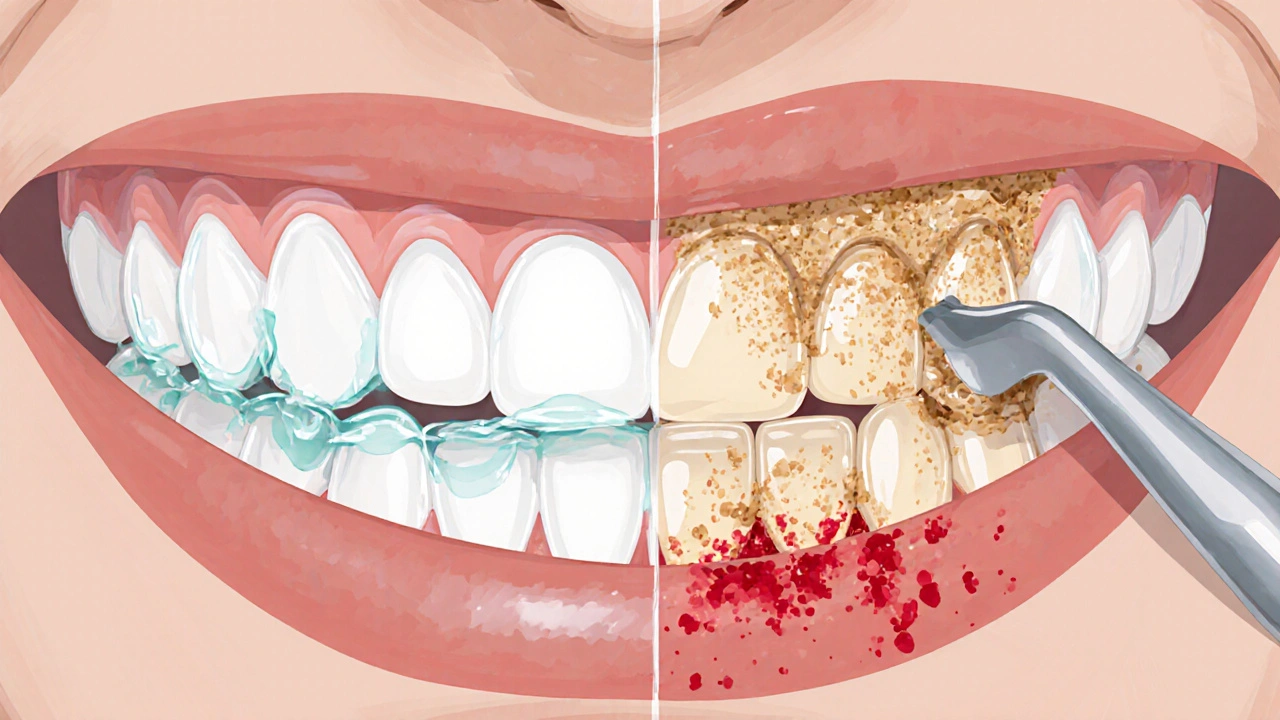 Přechod měkkého zubního plaku na tvrdý zubní kámen s profesionálním odstraněním.