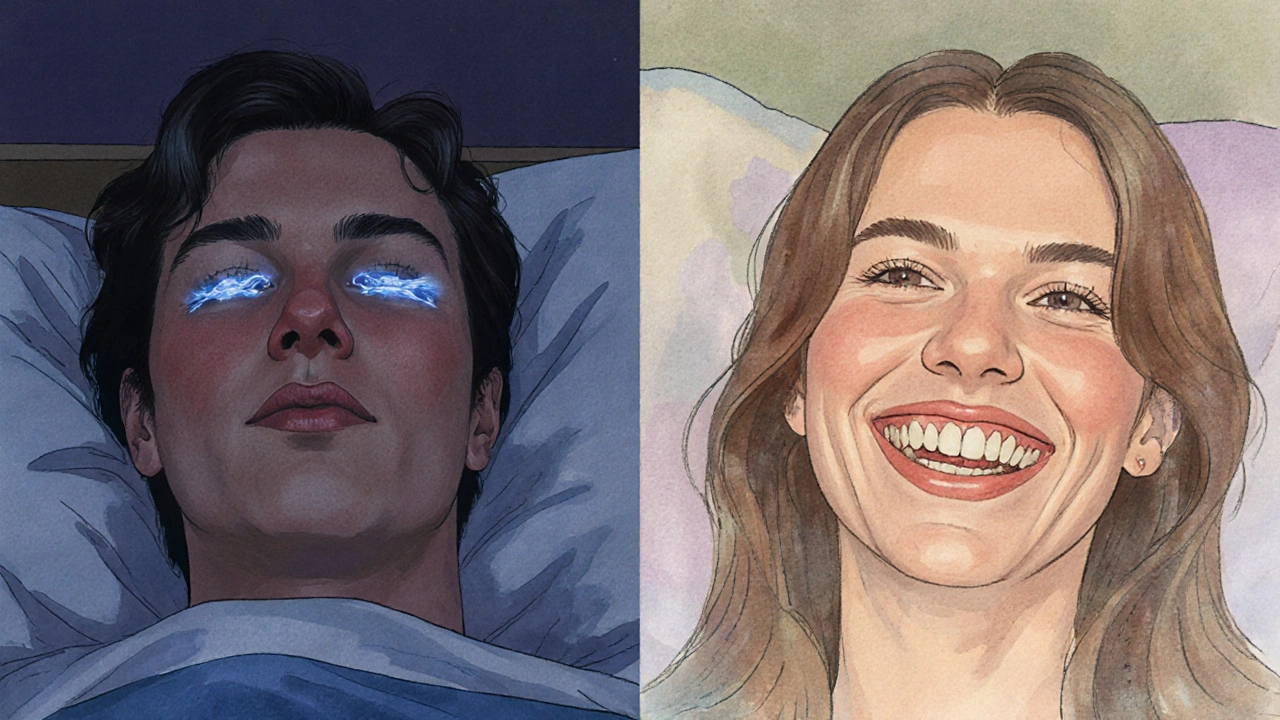 Před a po: člověk s tmavšími a jasnějšími zuby v různém osvětlení.