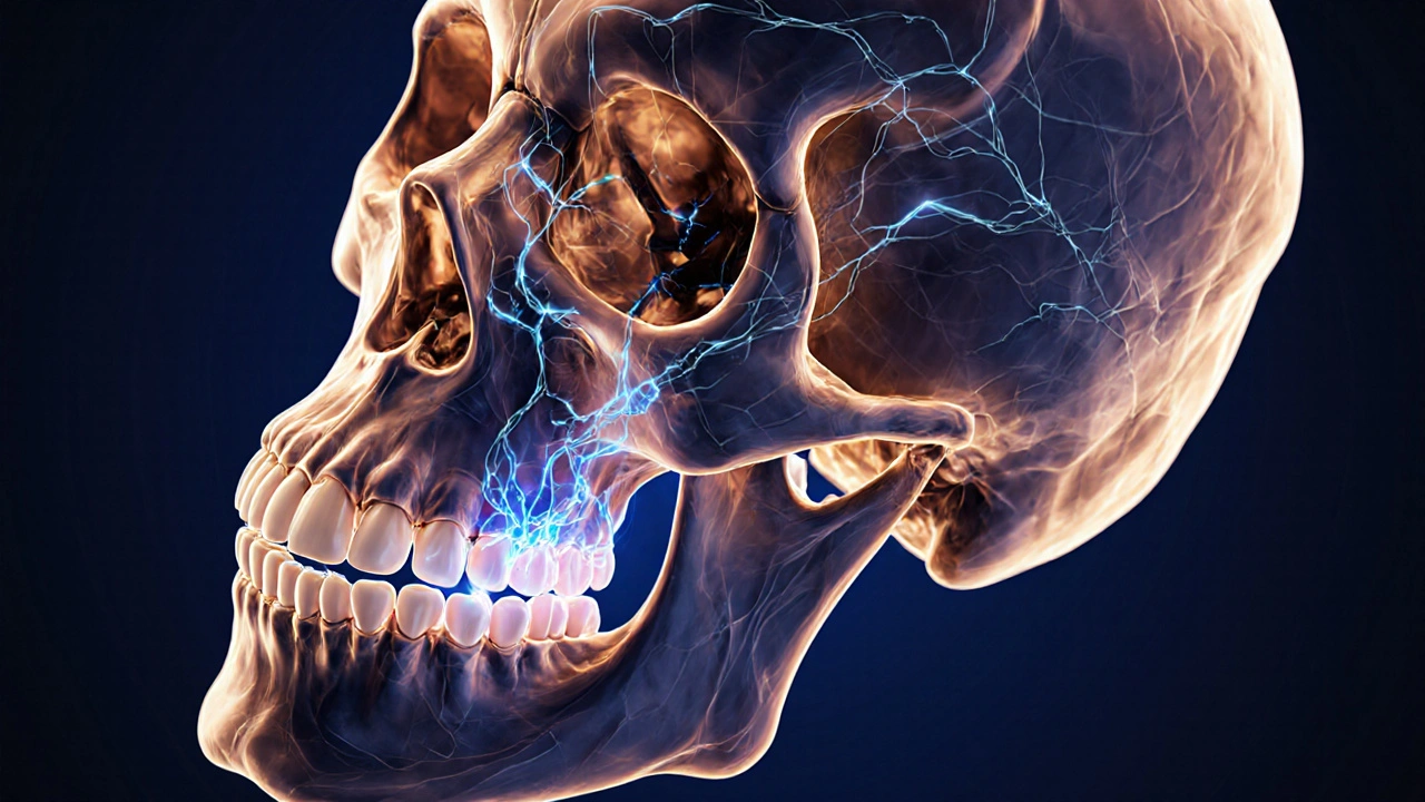 Přehled lidské lebky s viditelnými stresovými hormony a trhlinami v předních zubech.