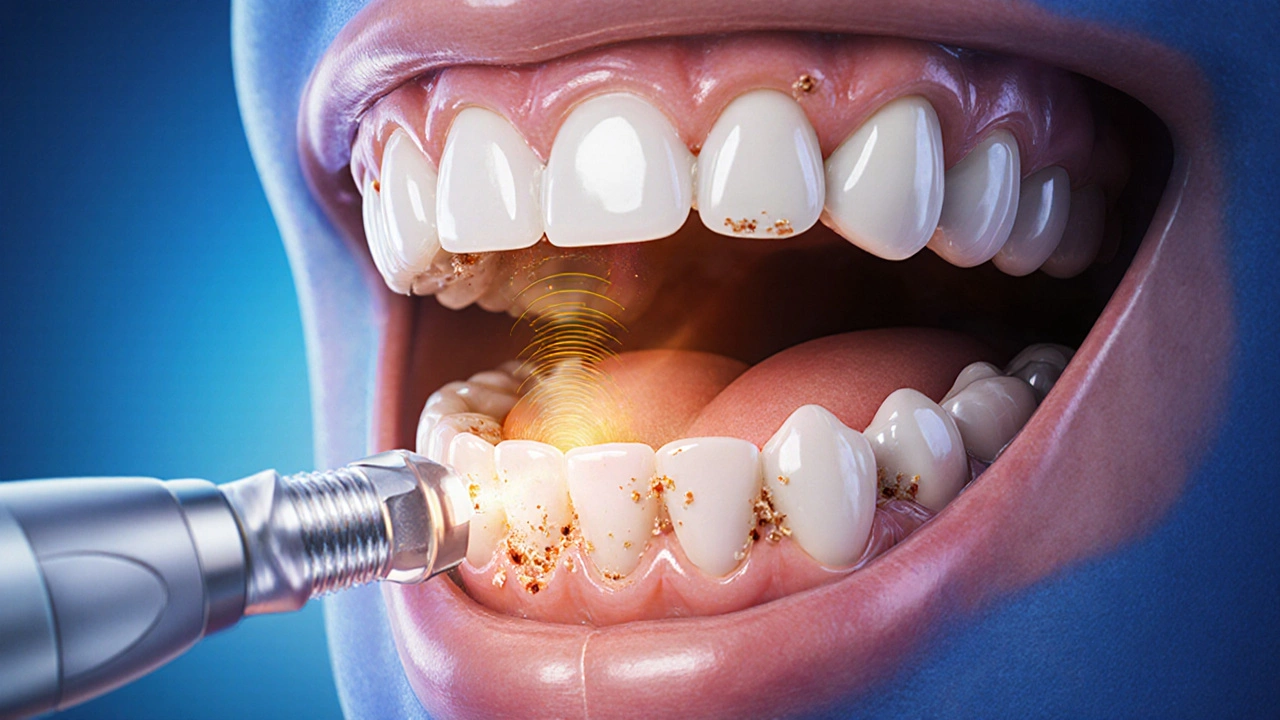 Přehled ústní dutiny s ultrazvukovými vlnami ničícími zubní kámen pod dásněmi.