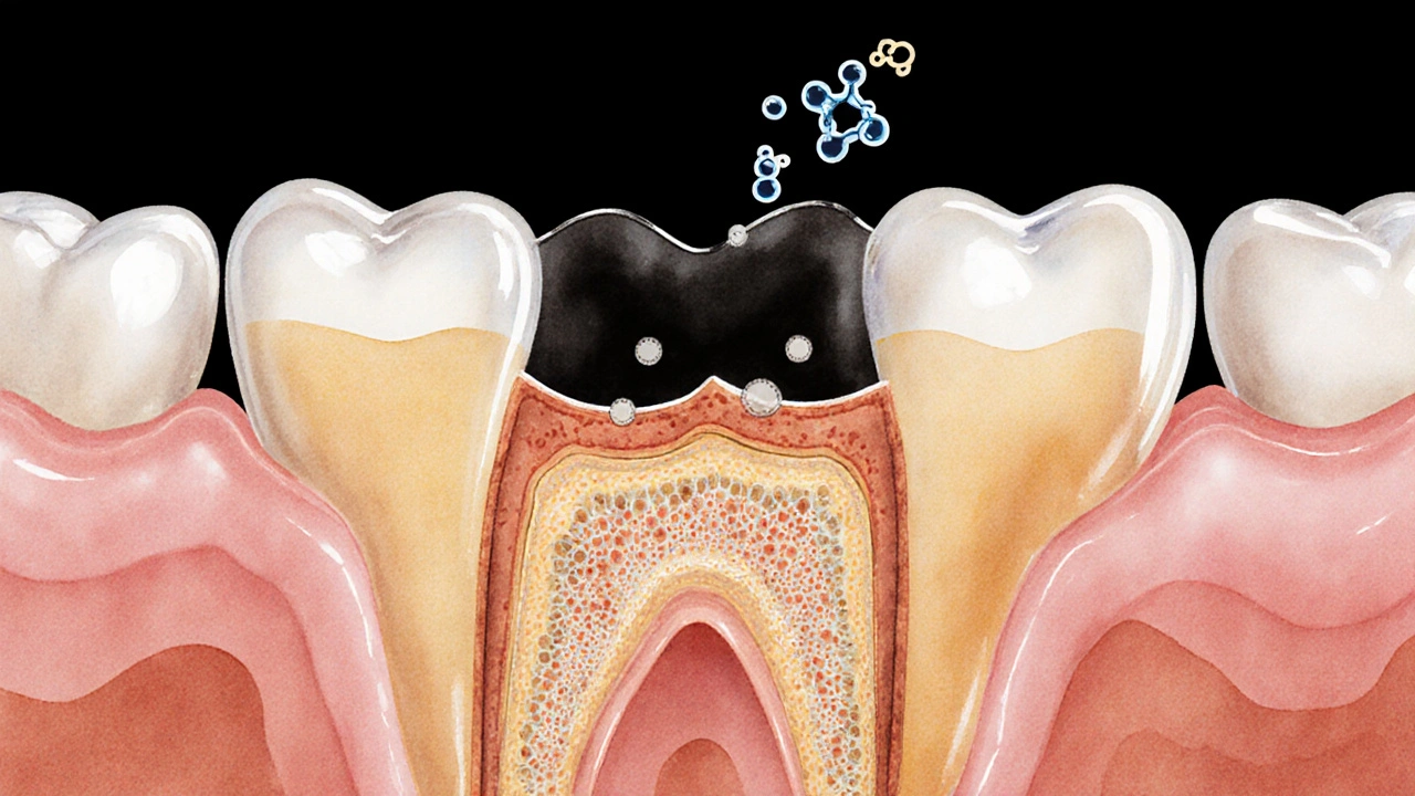Přehled zubní skloviny s vývojem kazu a působením fluoridu.