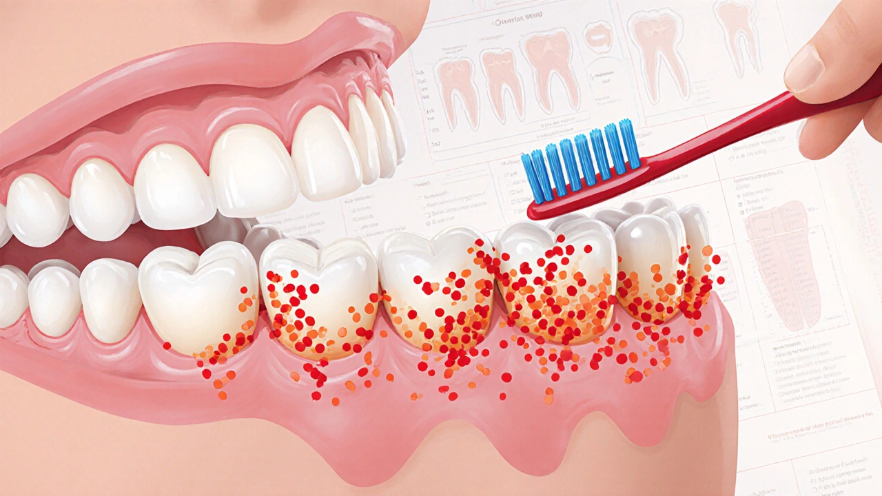 Průřez zubů s bakteriemi mezi zuby a mezizubním kartáčkem čistícím mezery.
